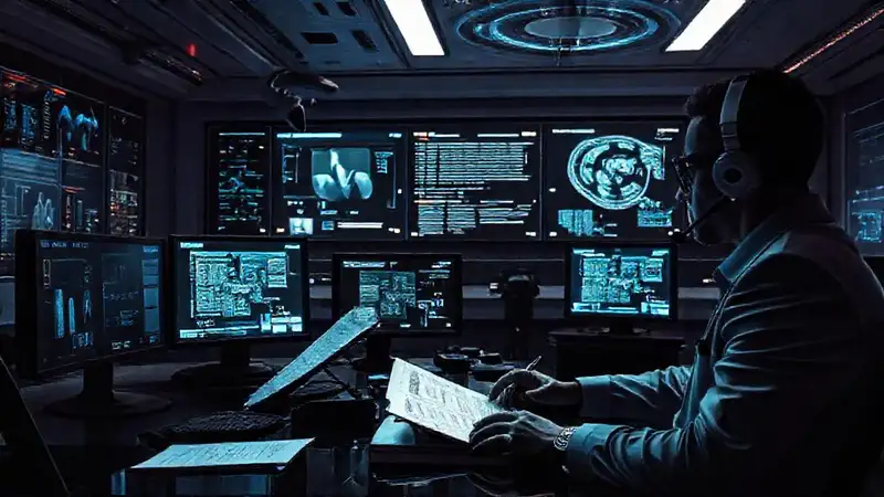 Herramientas digitales y vigilancia en oficina futurista