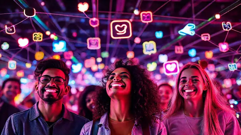 Iconos brillantes, gente joven, tecnología moderna