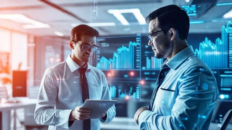 Profesionales de auditoría con tecnología futurista