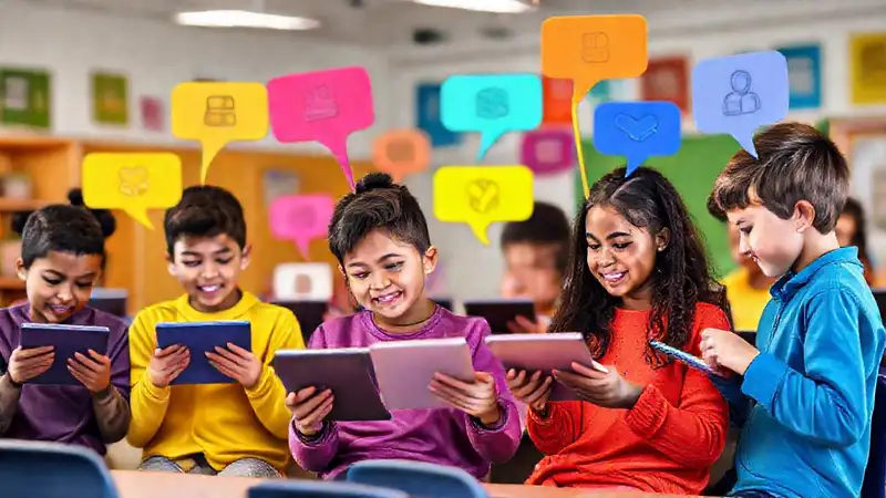 Estudiantes usan tablets en aula moderna y colorida