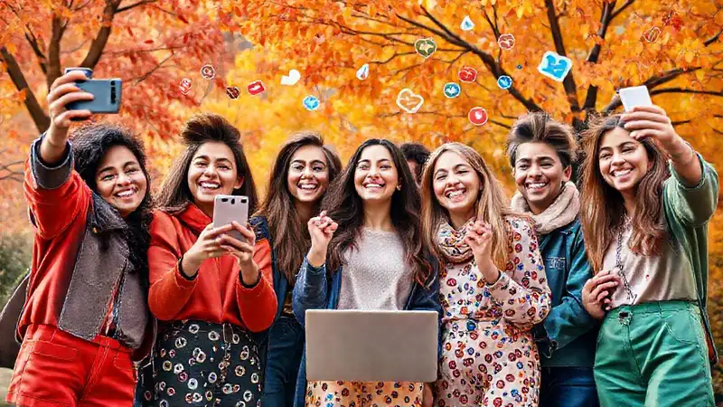 Influencers jóvenes con moda y tecnología vibrante
