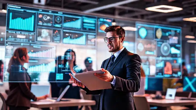 Profesional de Recursos Humanos analiza datos futuristas