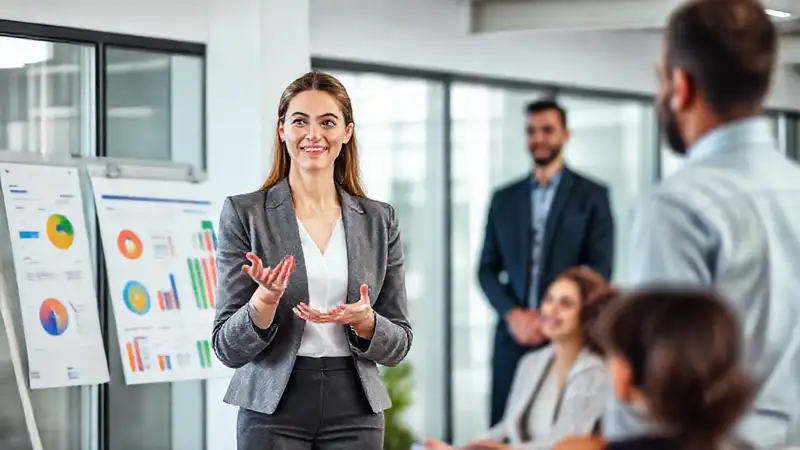 Mujer profesional presenta en oficina moderna