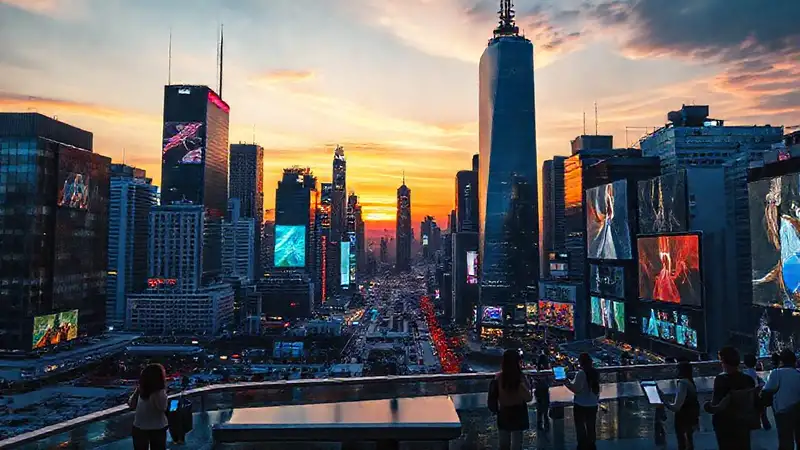 Vista futurista de ciudad moderna y vibrante
