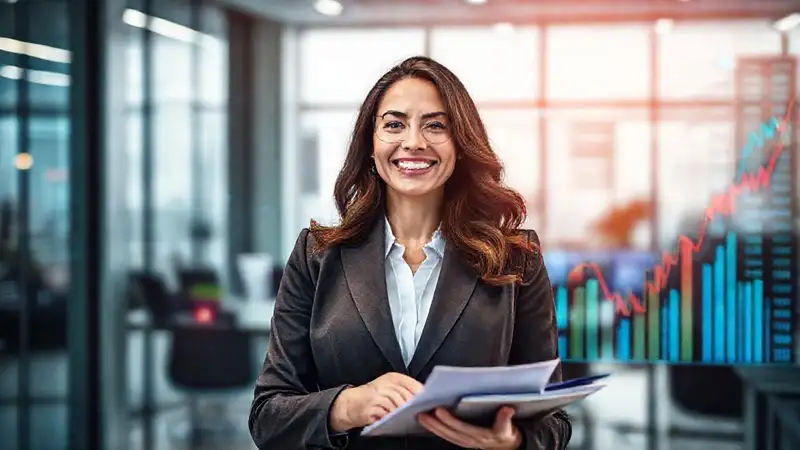 Mujer de negocios sonriente, éxito y crecimiento