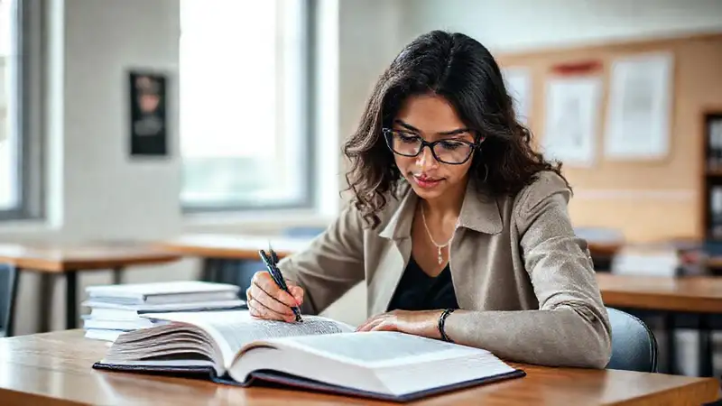 Estudiante estudiando leyes en aula organizada