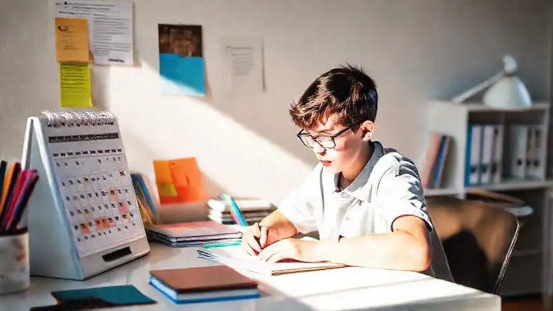Estudiante motivado con espacio de estudio organizado