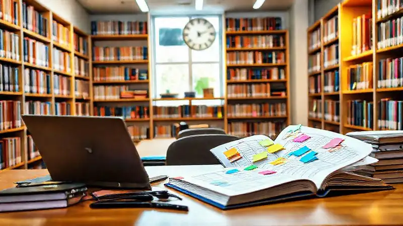 Estudiante estudia en biblioteca organizada y moderna