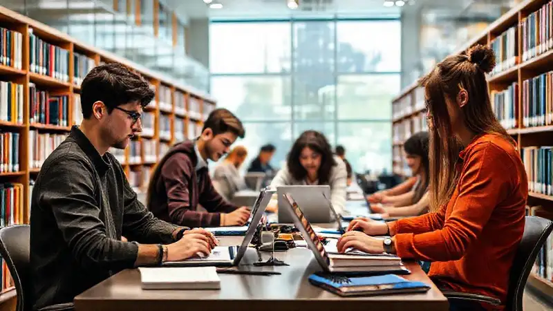 Estudiantes studying en biblioteca moderna y organizada