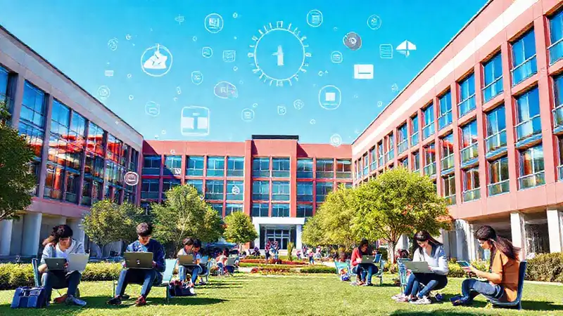 Campus universitario moderno con tecnología y estudiantes