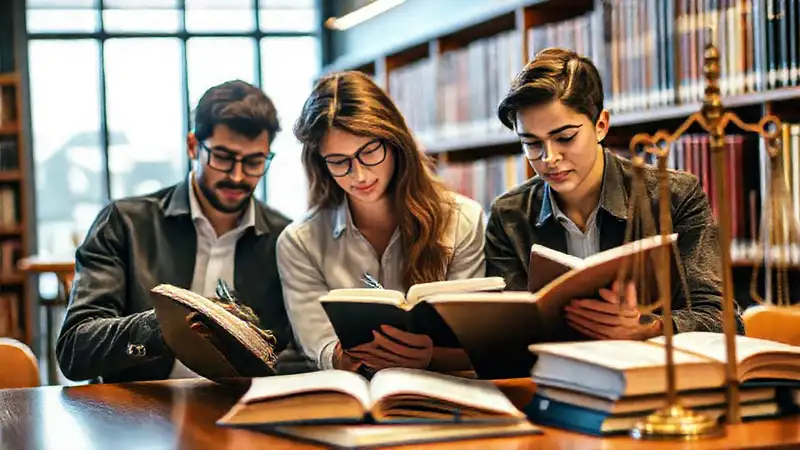 Estudiantes de derecho en biblioteca moderna