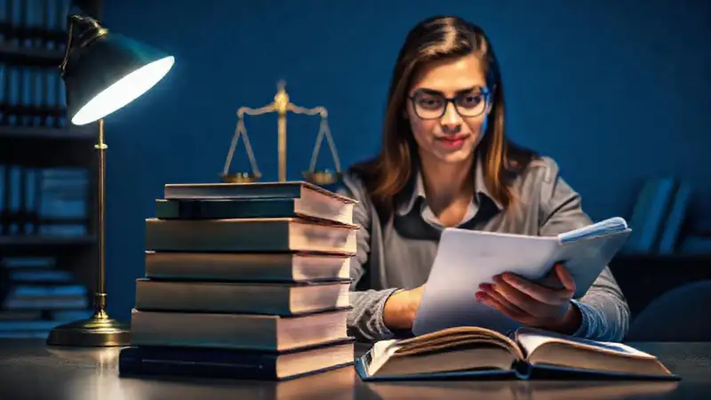 Estudiante estudia con libros y balanzas