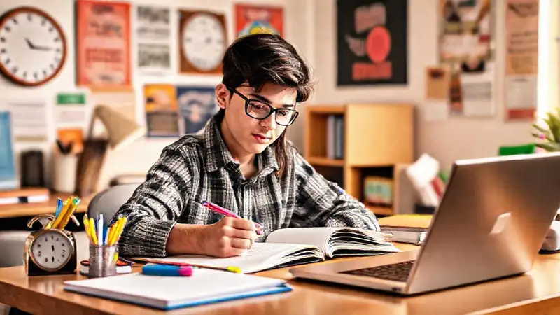 Estudiante organizado en un espacio motivador y brillante
