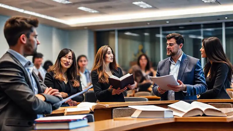 Estudiantes de derecho en aula moderna