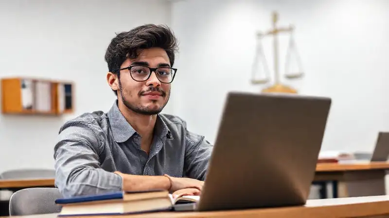 Estudiante de derecho en aula moderna y organizada