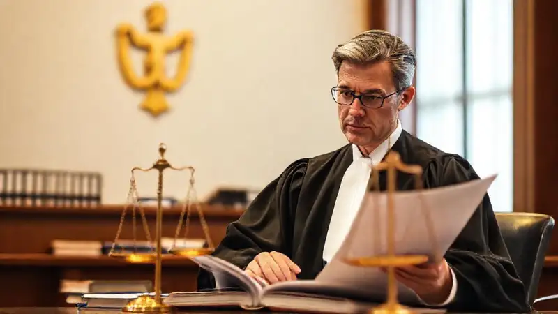 Juez revisa documentos en sala con seriedad
