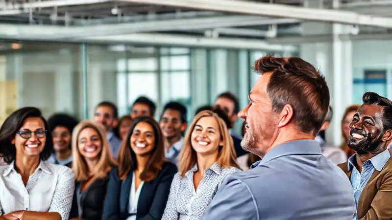 Orador confiado inspira audiencia diversa en oficina