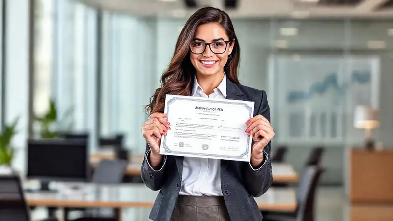 Ejecutiva con certificación en oficina moderna