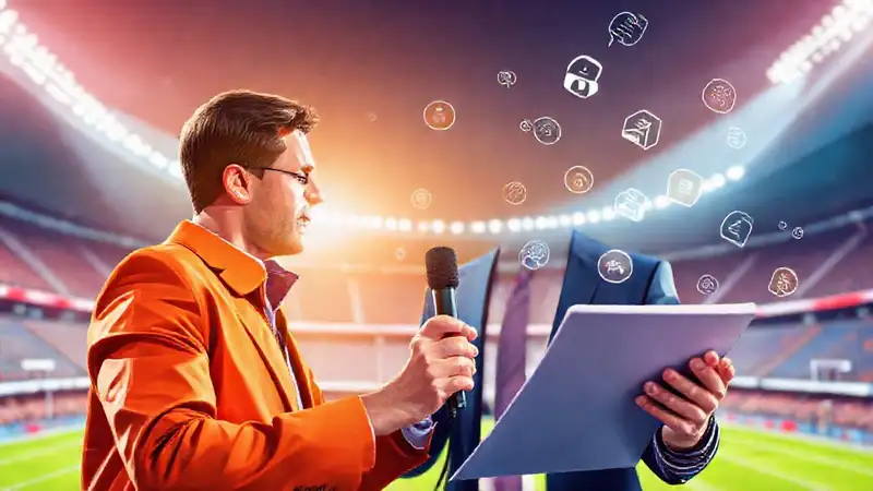 Periodista deportivo analiza datos en estadio moderno