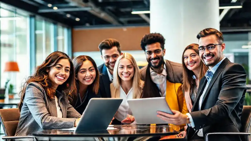 Reunión profesional diversa con herramientas digitales innovadoras