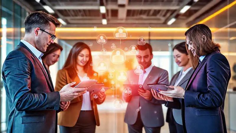 Equipo empresarial utilizando tecnología futurista colaborativa