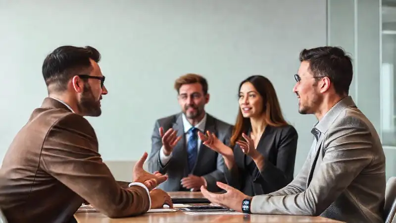 Reunión profesional con participantes atentos y comunicativos
