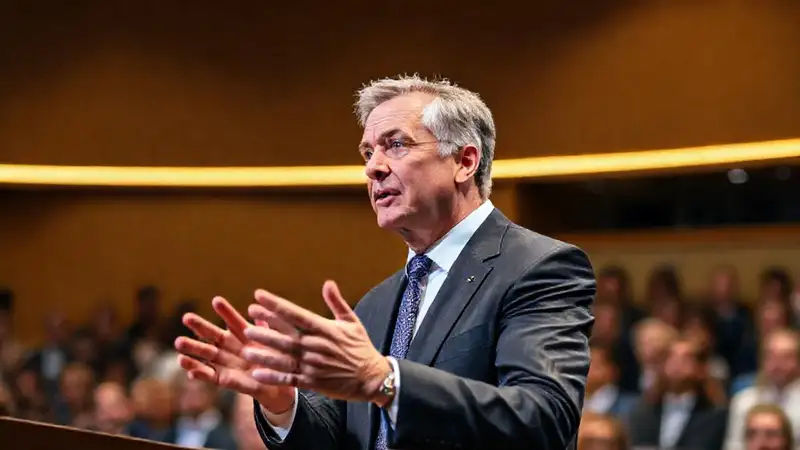 Líder político presenta con confianza y gestos