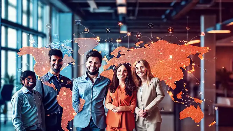 Equipo corporativo colaborando en un mapa global