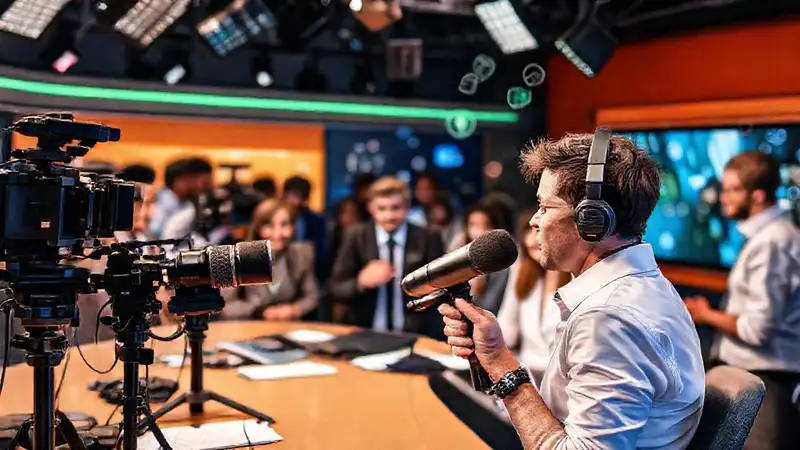 Periodistas usando tecnología en ambiente profesional