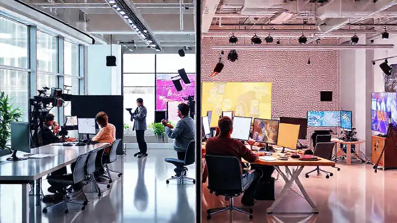 Oficina moderna con periodistas y diseñadores creativos