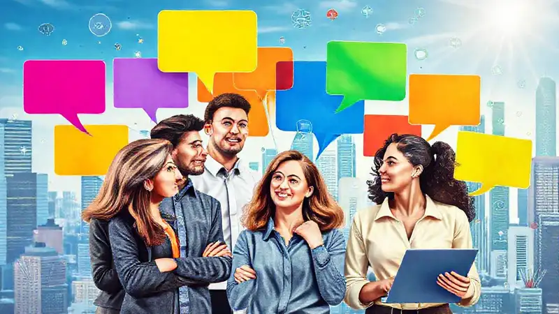 Jóvenes profesionales creativos en ciudad futurista