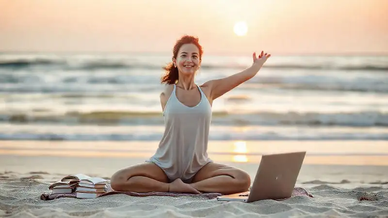 Mujer confiada haciendo yoga en playa tranquila