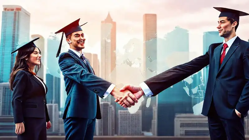 Graduados internacionales en traje, conectados globalmente