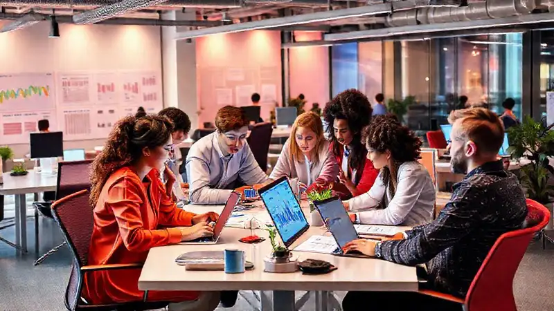 Profesionales colaborando en oficina moderna y dinámica