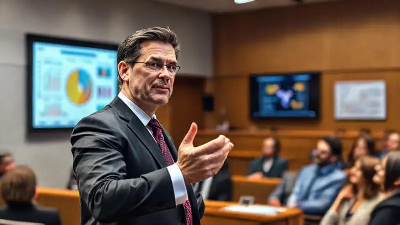 Abogado presenta en audiencia con visuales claros