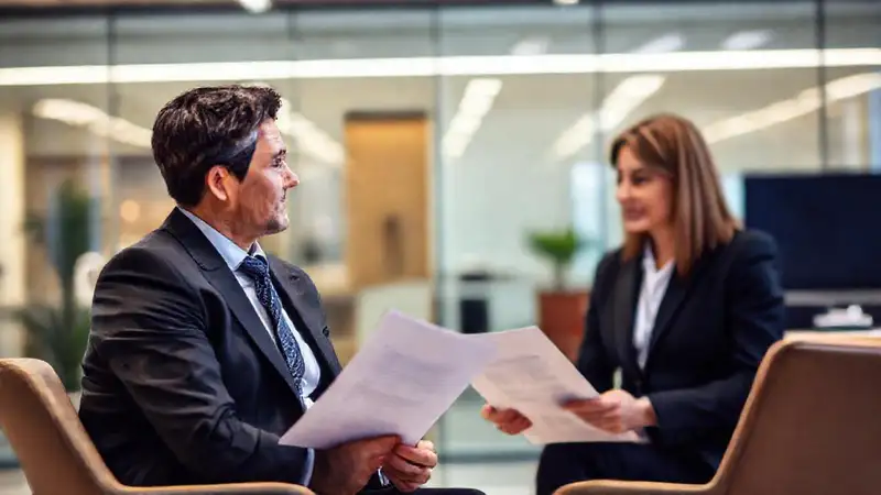 Profesional confiado en entrevista en oficina moderna