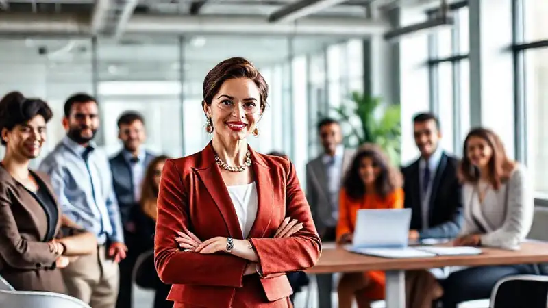 Mujer líder guiando equipo en oficina moderna