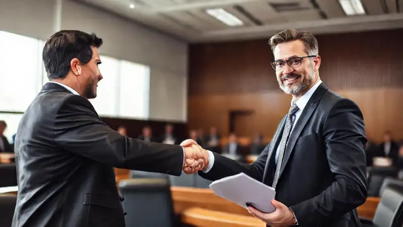 Abogado en oficina con cliente y documentos