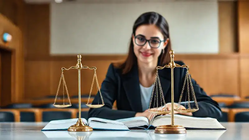 Estudiante confiado con libros y balanzas de justicia