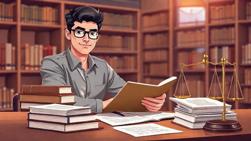 Estudiante estudia derecho en biblioteca moderna