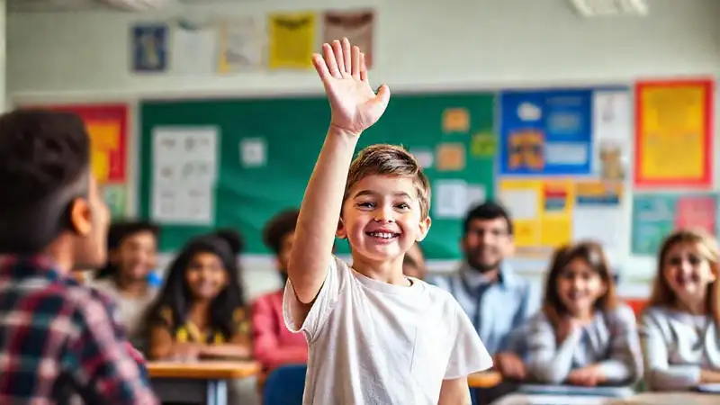 Estudiante levantando mano en aula inspiradora