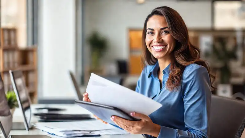 Contadora profesional en oficina luminosa y organizada