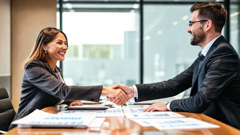 Mujer de negocios estrecha mano a cliente
