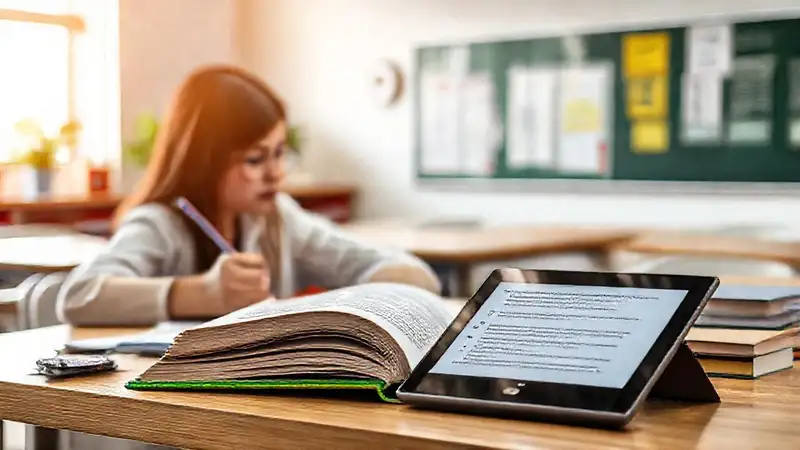 Estudiante estudia con libro, notas y tableta