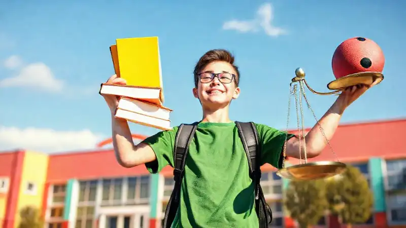 Estudiante equilibrando estudio y deporte con alegría