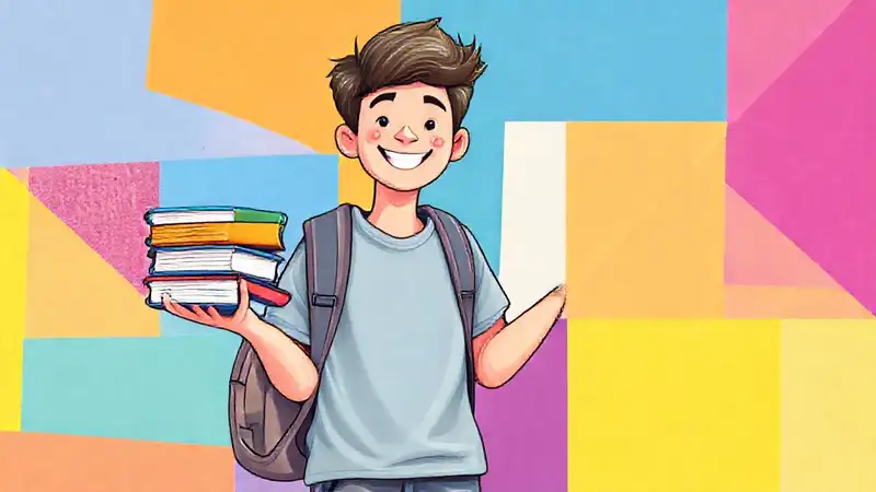 Estudiante sonriente con libros y equipo deportivo