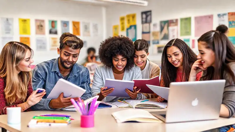 Estudiantes colaborando en un aula vibrante