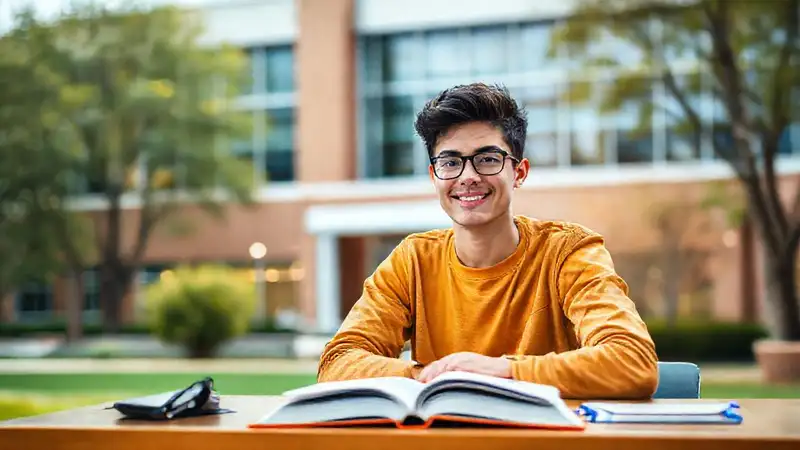 Estudiante confiado estudiando en un campus moderno