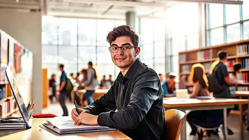 Estudiante confiado estudia en biblioteca moderna
