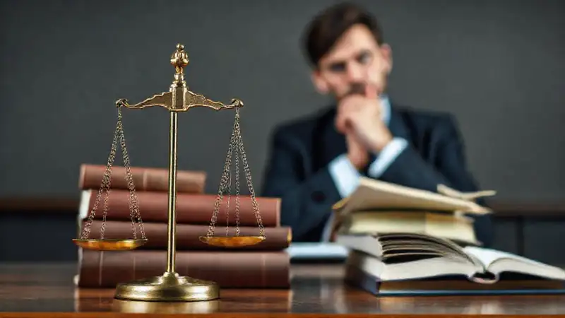 Escenario legal con justicia y simbolismo abstracto
